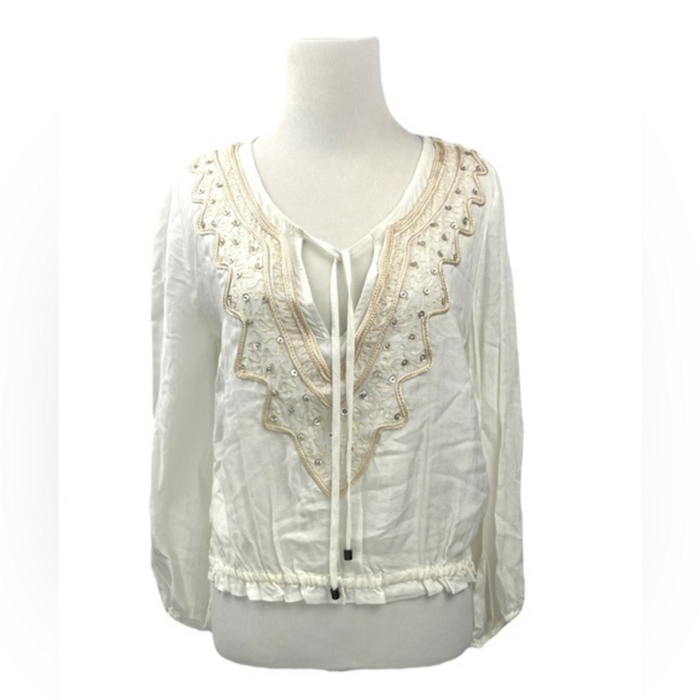 W by‎ Wenjie Cream, V Neck Blouse Size Small Women's